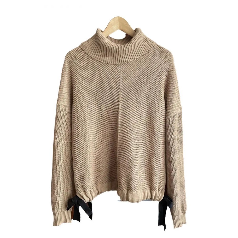 BCBGeneration Cozy Tan Turtleneck Sweater with Asymmetrical Hem